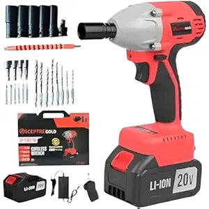 SP-CW21B 21V Cordless Impact Wrench, 430NM High Torque, 2200 RPM, 2 x 20V Li-ion Batteries, Charger & 1 Socket, DIY & Home Use, Red (Pack of 1)