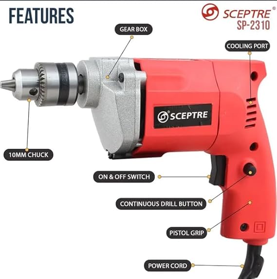 Drill Machine with Long Cord & Professional Grade Motor SP-2310 Pistol Grip Drill (10 mm Chuck Size)