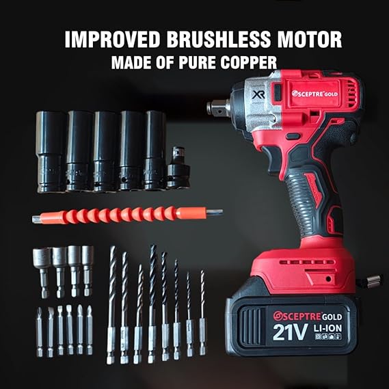 SP-CW21B 21V Cordless Impact Wrench, 430NM High Torque, 2200 RPM, 2 x 20V Li-ion Batteries, Charger & 1 Socket, DIY & Home Use, Red (Pack of 1)