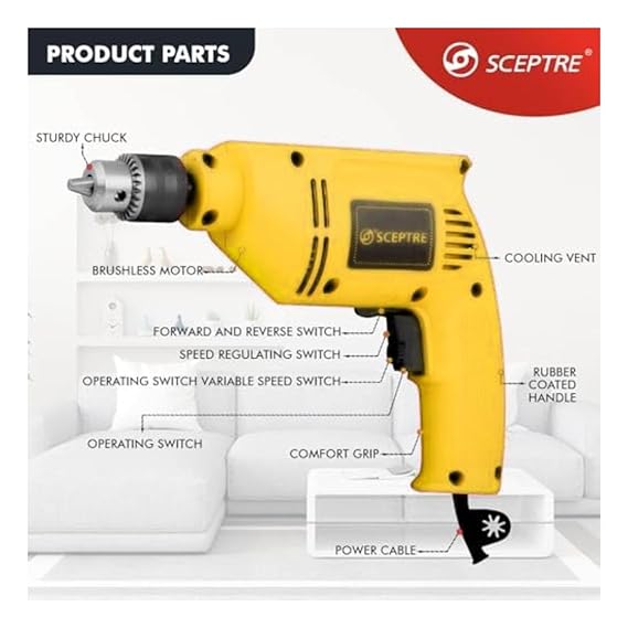 400W Electric Hammer Drill Machine | 10mm Chuck, 3200 RPM, Variable Speed, Reversible Function | 220V Corded Drill for Wood, Metal, Masonry | Home DIY Power Tool (YELLOW)