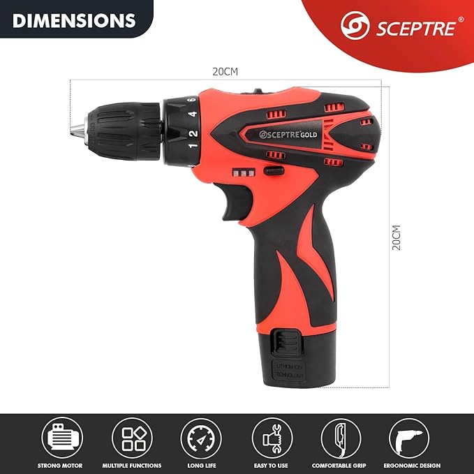 CD120B 12V Cordless Drill Machine with 1350 RPM, 10mm Keyless Chuck, (25+1) Torque Settings, Reversible Function, LED Light & 2 Batteries – for Wood, Metal, DIY Projects (Red)