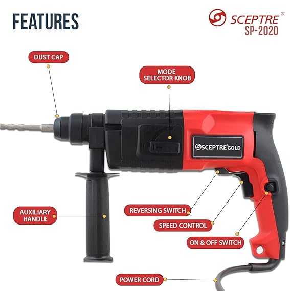 Gold SP-2020 Rotary Hammer Drill Machine 1050W | 20mm Chuck | 850 RPM | Reverse/Forward Mode | Heavy Duty Motor | Side Handle | 220V Drill for Home & Professional Use
