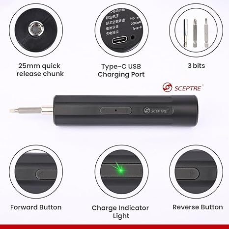 Cordless Electric Screwdriver 3.6V, USB-C Rechargeable, 3Nm Torque, LED Light, Compact Design with 2 Bits, for DIY, Home, Office   Tool Kit (1 Pack)