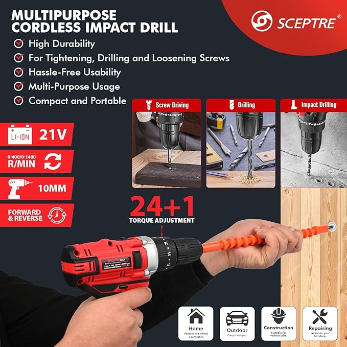SCEPTRE 21V Cordless Impact Drill Kit 300W
