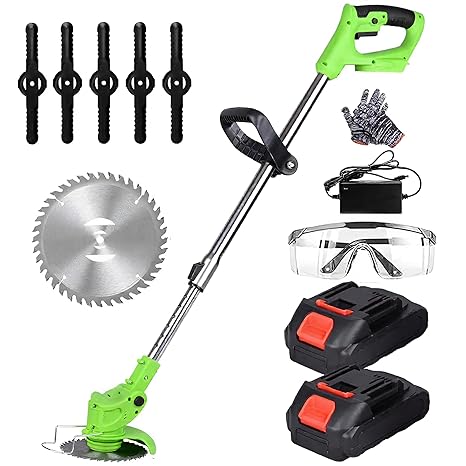 2-in-1 Cordless Grass Trimmer & Brush Cutter – 1500mAh 2 Batteries, 6 Blades, Safety Glasses, Gloves & Charger – Adjustable Electric Weed Trimmer for Lawn & Garden