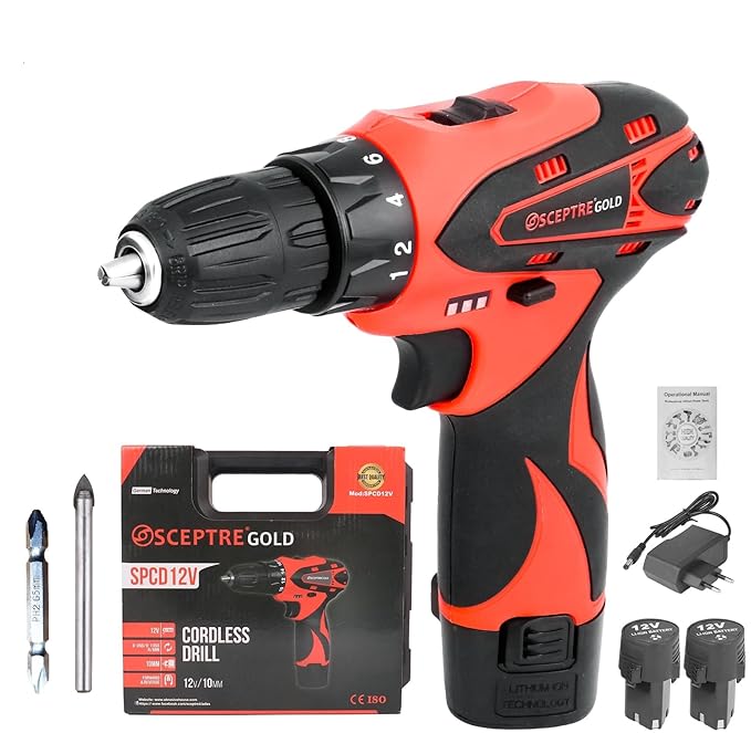 CD120B 12V Cordless Drill Machine with 1350 RPM, 10mm Keyless Chuck, (25+1) Torque Settings, Reversible Function, LED Light & 2 Batteries – for Wood, Metal, DIY Projects (Red)