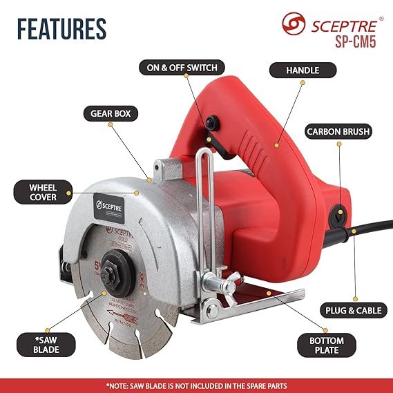 SP CM5 Marble Cutter, 1200 W, 125mm, 11000 RPM, 5 inch, Max. Cut Depth 38mm, Heavy Duty Multipurpose Powerful Machine High Capacity Motor Suitable for Cutting Tiles & Marbles Wood etc