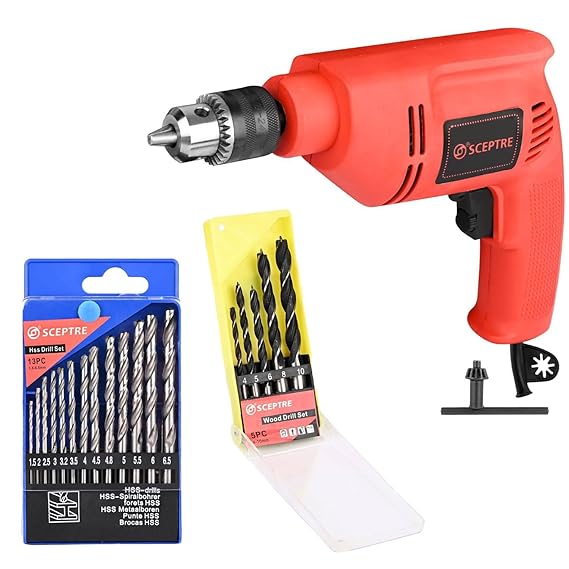 400W 10mm Electric Hammer Drill Machine with Reversible Function, 2600 RPM, 18 Drill Bits (13 HSS + 5 Wood Bits), for Wood, Metal & Masonry   Corded Power Drill (Red)