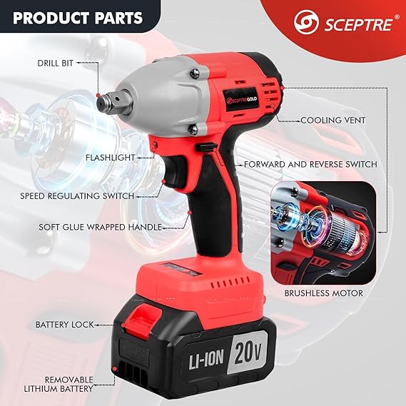SP-CW21B 21V Cordless Impact Wrench, 430NM High Torque, 2200 RPM, 2 x 20V Li-ion Batteries, Charger & 1 Socket, DIY & Home Use, Red (Pack of 1)