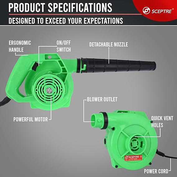 SPBK-30 Electric Air Blower (Green) | 550W High Power Dust Cleaner & Suction Tool | 14000 RPM, 170 km/hr Airflow | Lightweight Handheld Machine for Home, Car, PC, Garden