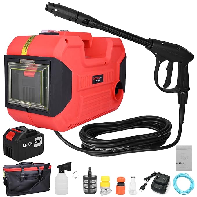 1500W Cordless High Pressure Washer - Max 180 Bar, 400L/H Flow Rate, 7M Pipe, Water Gun, Ideal for Car, Bike, & Home Cleaning (Red)   Pack of 1