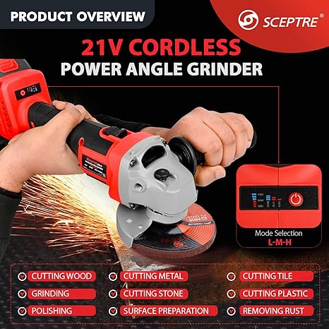 SP-CA21V 21V Cordless Angle Grinder | 100mm, Brushless Motor, 2 x 20V Li-ion Batteries, Protection Shield | Professional & Tradesmen Use | Red (Pack of 1)