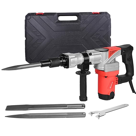1250W 7KG Heavy Duty Demolition Hammer, Concrete Breaker Machine with Flat & Pointed Chisel Bits, 2000 BPM Electric Jack Hammer for Trenching, Chipping, with Carry Case   Red