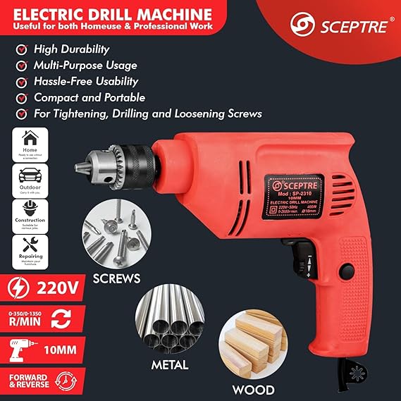 10mm 400W Corded Electric Hammer Drill   Variable Speed, Reversible, 2600 RPM with 13-Piece HSS Bit Set for Metal & Masonry (Red)