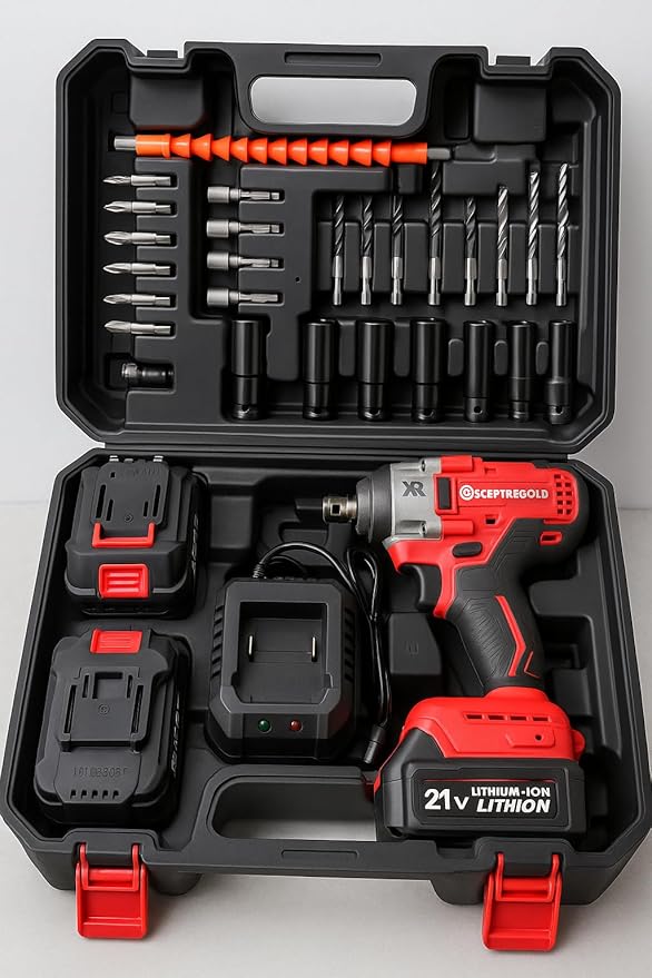 SP-CW21B 21V Cordless Impact Wrench, 430NM High Torque, 2200 RPM, 2 x 20V Li-ion Batteries, Charger & 1 Socket, DIY & Home Use, Red (Pack of 1)