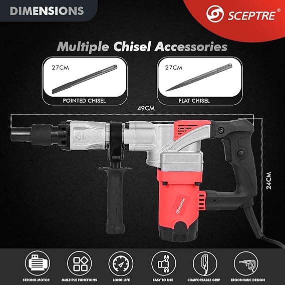 1250W 7KG Heavy Duty Demolition Hammer, Concrete Breaker Machine with Flat & Pointed Chisel Bits, 2000 BPM Electric Jack Hammer for Trenching, Chipping, with Carry Case   Red