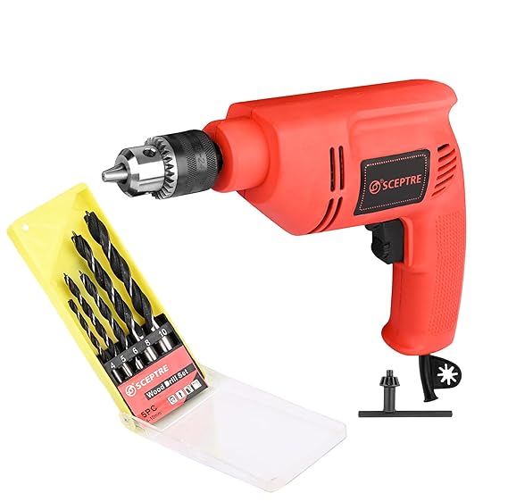 400W 10mm Corded Electric Hammer Drill Machine, 2600 RPM, Variable Speed, Reversible, with 5 Pcs Wood Drill Bits Set   Red | SP-2310
