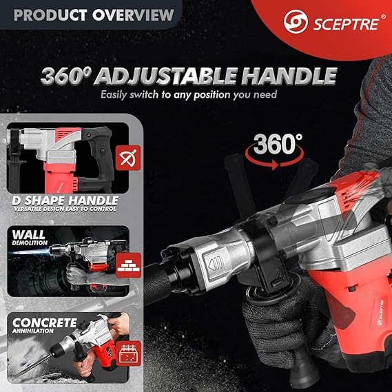 1250W 7KG Heavy Duty Demolition Hammer, Concrete Breaker Machine with Flat & Pointed Chisel Bits, 2000 BPM Electric Jack Hammer for Trenching, Chipping, with Carry Case   Red