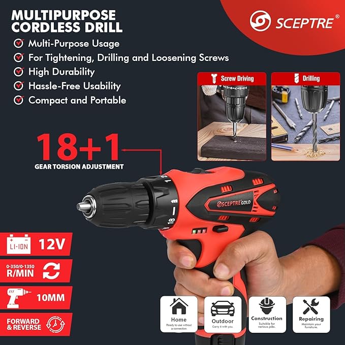 CD120B 12V Cordless Drill Machine with 1350 RPM, 10mm Keyless Chuck, (25+1) Torque Settings, Reversible Function, LED Light & 2 Batteries – for Wood, Metal, DIY Projects (Red)