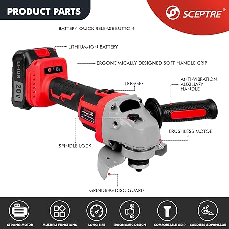 SP-CA21V 21V Cordless Angle Grinder | 100mm, Brushless Motor, 2 x 20V Li-ion Batteries, Protection Shield | Professional & Tradesmen Use | Red (Pack of 1)