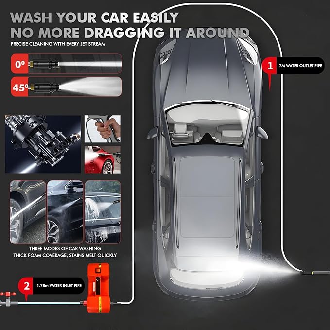 1500W Cordless High Pressure Washer - Max 180 Bar, 400L/H Flow Rate, 7M Pipe, Water Gun, Ideal for Car, Bike, & Home Cleaning (Red)   Pack of 1