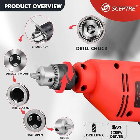 400W 10mm Electric Hammer Drill Machine with Reversible Function, 2600 RPM, 18 Drill Bits (13 HSS + 5 Wood Bits), for Wood, Metal & Masonry   Corded Power Drill (Red)