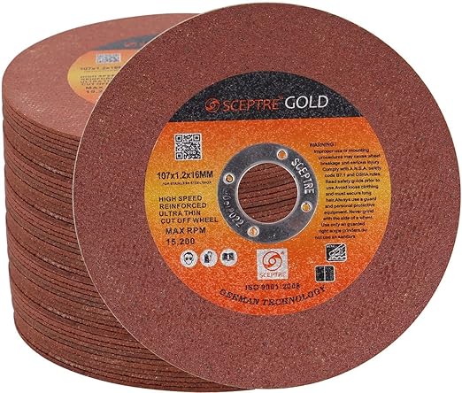 107mm Cut Off Wheel   Ultra Thin Reinforced Cutting Disc for Angle Grinder, Double Net in Tin Box, Feather Cut, 1.2mm Thickness, 16mm Bore, Red, Pack of 50