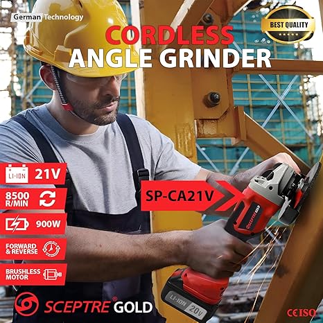 SP-CA21V 21V Cordless Angle Grinder | 100mm, Brushless Motor, 2 x 20V Li-ion Batteries, Protection Shield | Professional & Tradesmen Use | Red (Pack of 1)