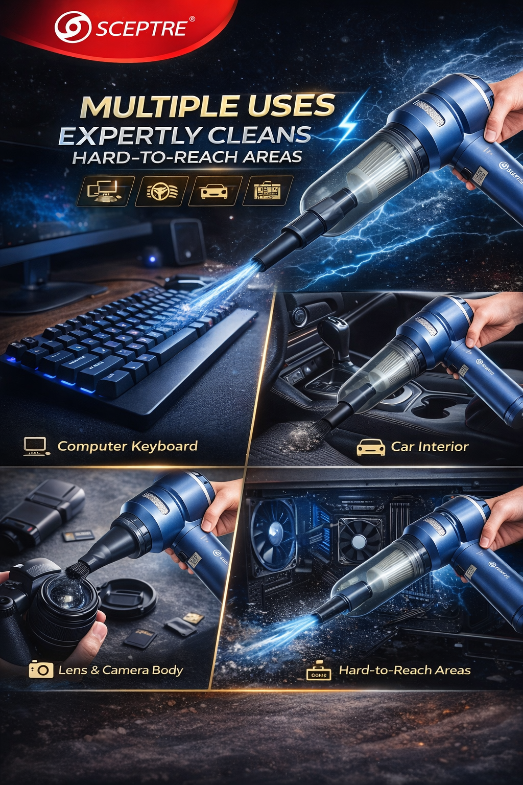 2-in-1 Cordless Handheld Vacuum Cleaner & Air Duster – Portable Rechargeable Vacuum with Nozzle Attachments & USB Charging for Car, Sofa & Keyboard Cleaning